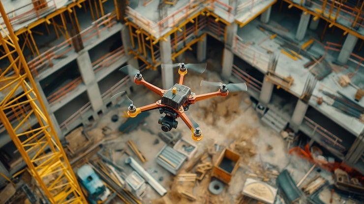 An orange industrial drone hovers over a construction site with exposed concrete pillars and a yellow crane.
