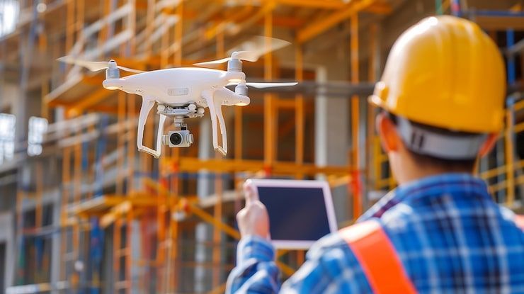 A construction worker in a hard hat uses a tablet to operate a drone at a building site with yellow scaffolding.