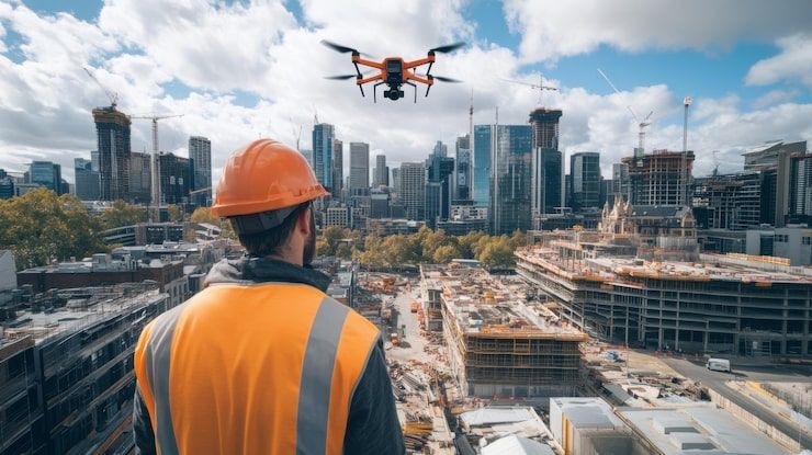 Construction worker in orange vest and hard hat overlooking a city site with a drone overhead