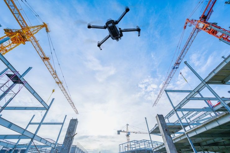 Drone flying above construction site with cranes and steel framework under a blue sky