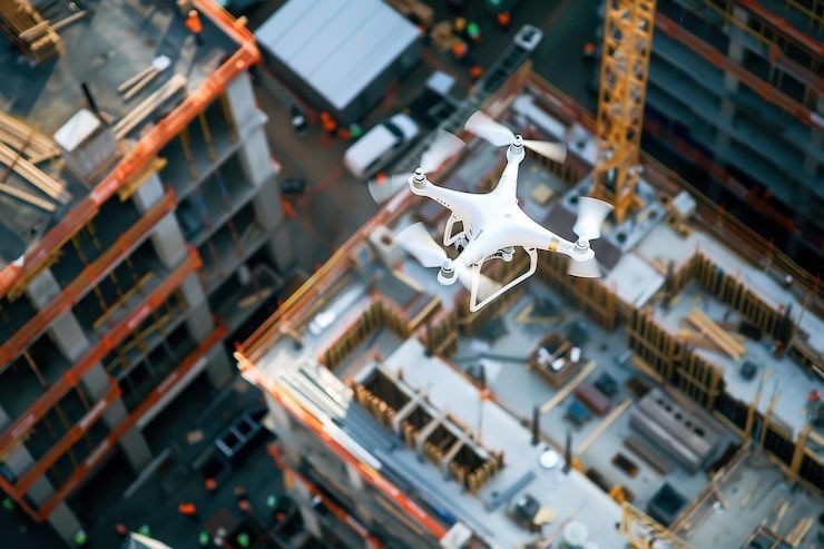 A drone flies over a city at twilight, shining a bright spotlight down onto the buildings below.
