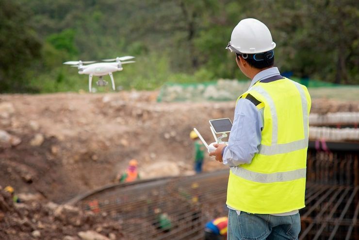 A surveyor in a hard hat and high-visibility vest operates a drone over a construction site.