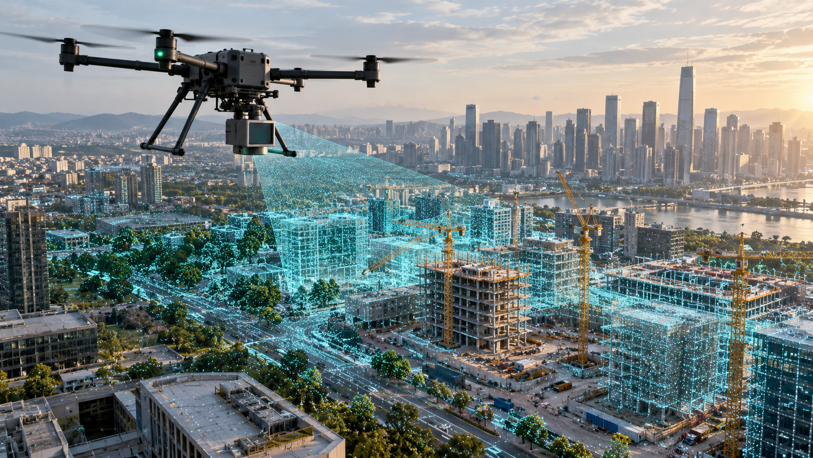 Aerial cityscape showing skyscrapers under a blue sky, overlaid with the title: Why LiDAR Mapping is Essential for Urban.