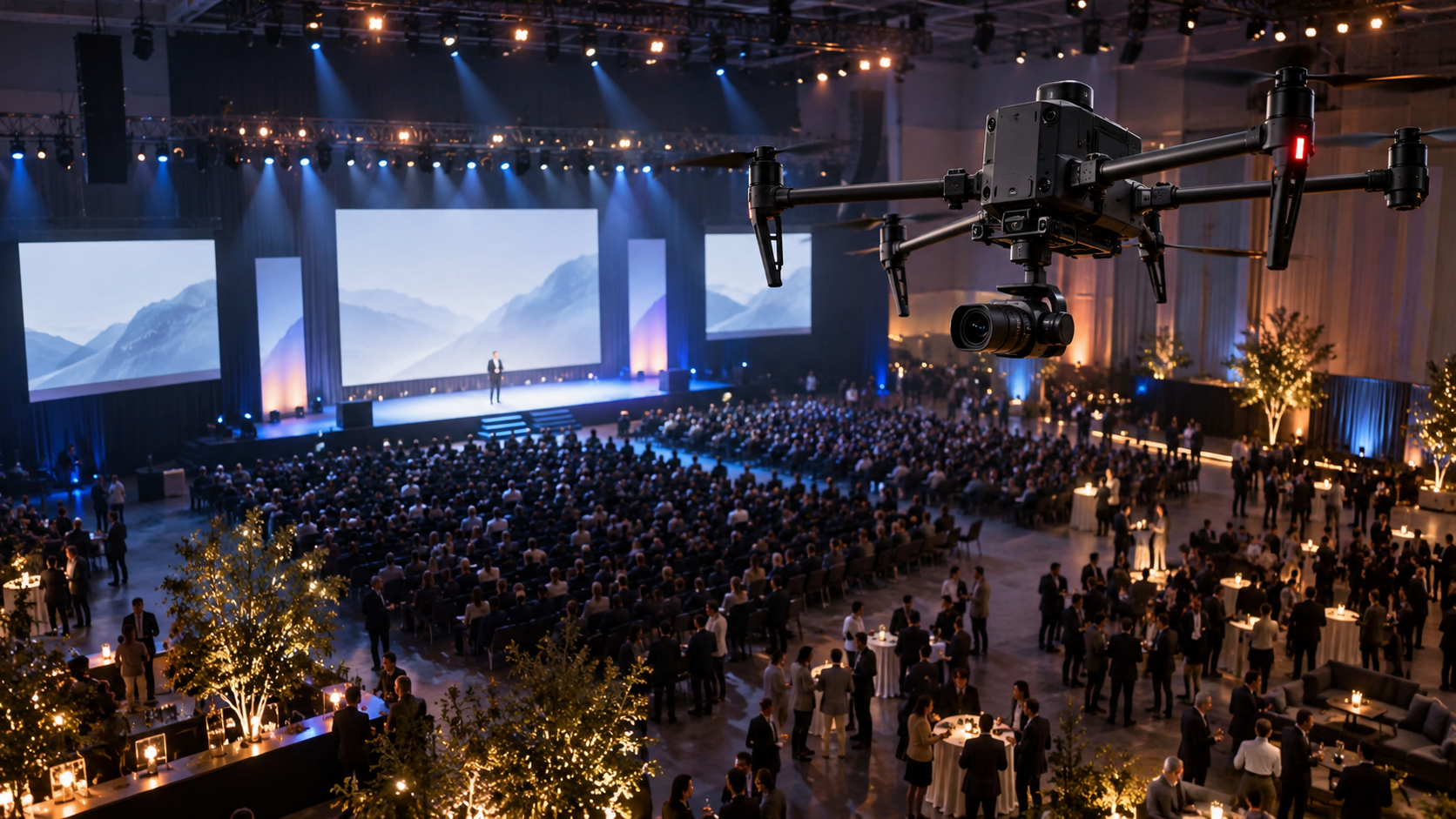 Aerial view of a city landscape with a logo and text: How Aerial Videography Can Enhance Your Next Corporate Event.
