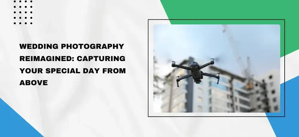 A drone flies in front of a modern building, with text reading: