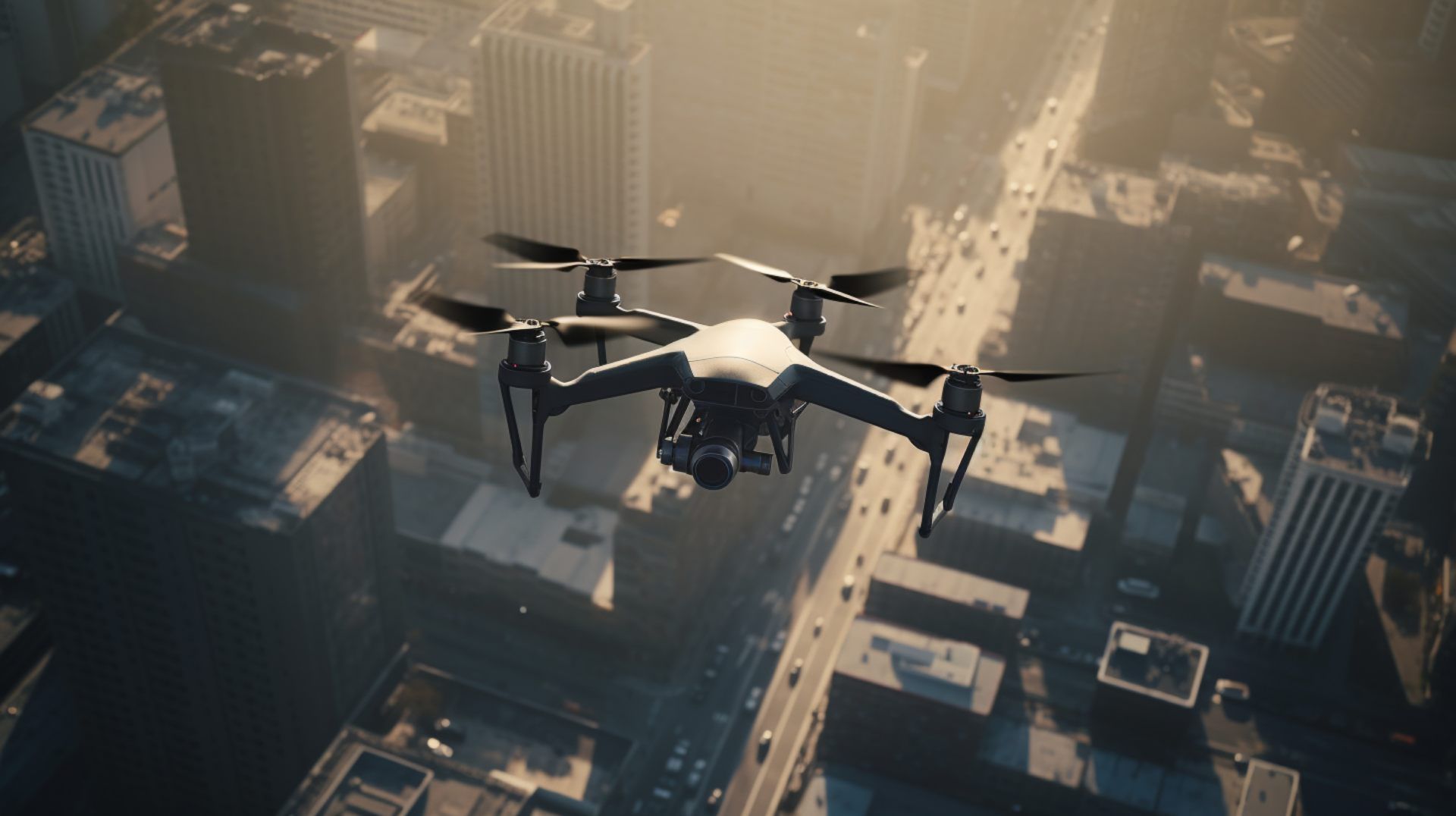 A drone flies over a city at twilight, shining a bright spotlight down onto the buildings below.