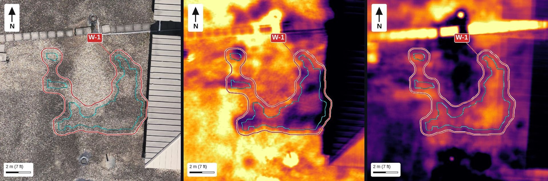 Three-panel thermal scan comparison of a textured surface with highlighted contours and measurement scales