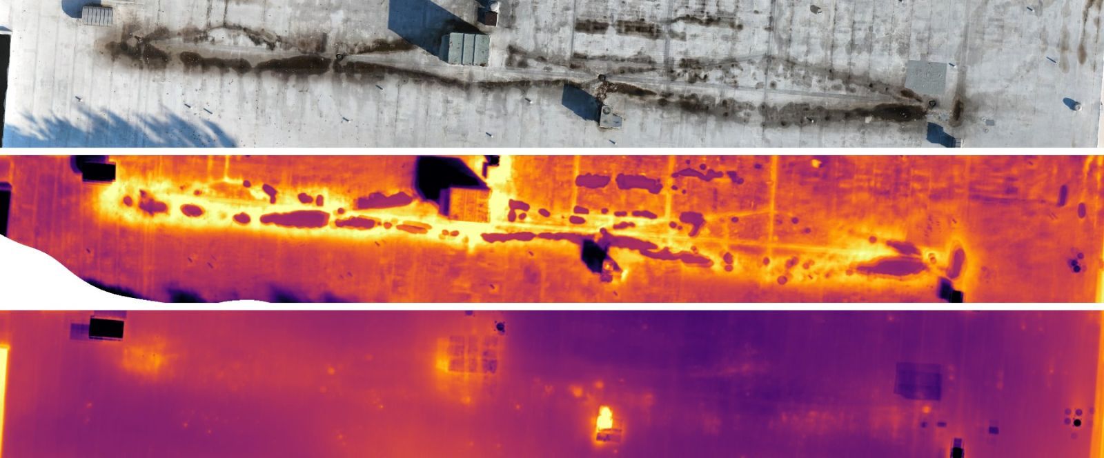 A long strip of low-slope roof shown as a visible photo, a daytime thermal image and a nighttime thermal image, revealing a line of standing water along a low area.