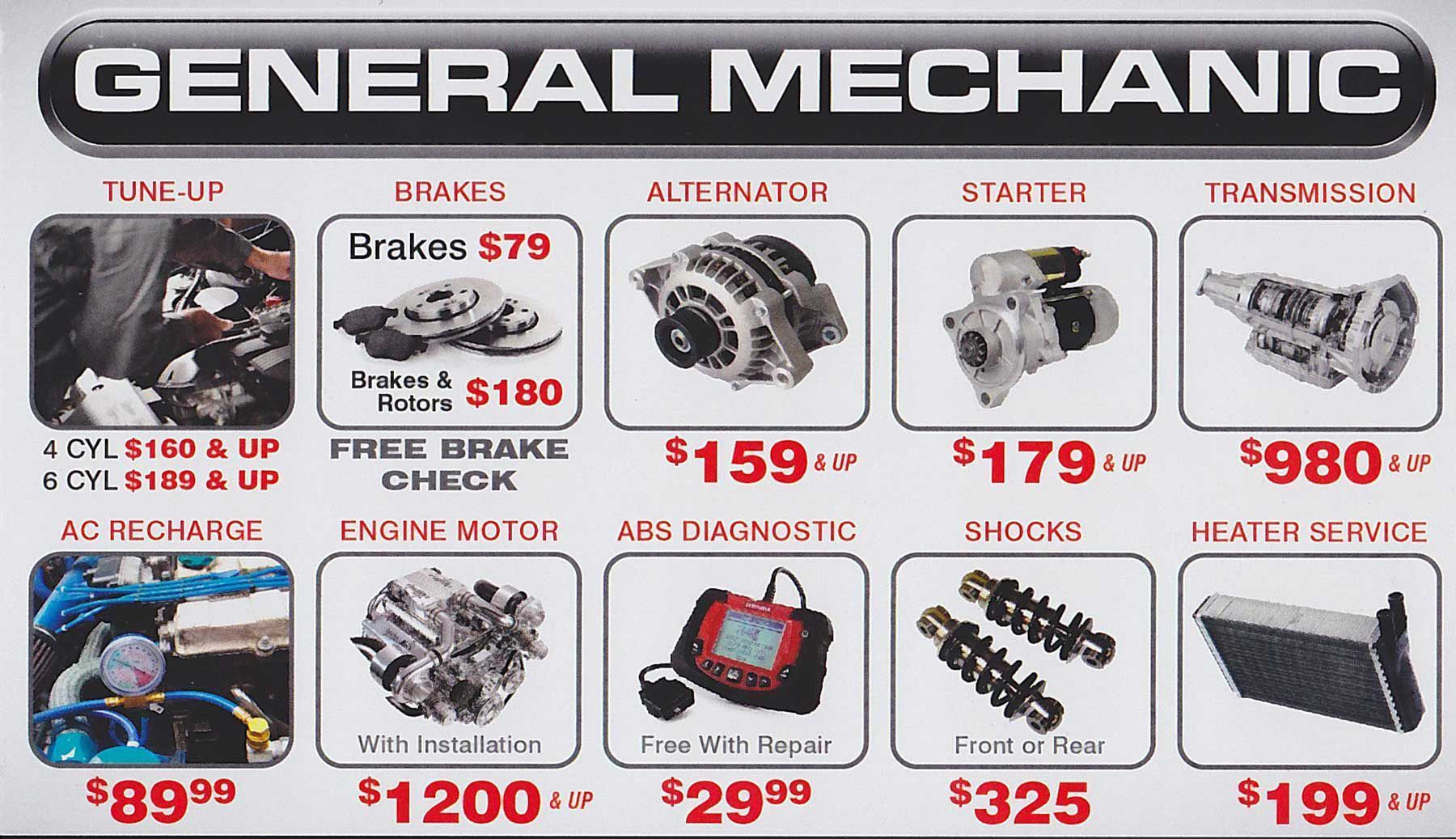 A general mechanic advertisement shows a variety of services