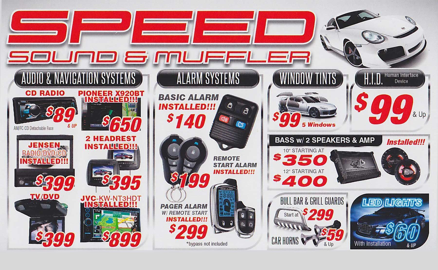 A flyer for speed sound & muffler with a car on it