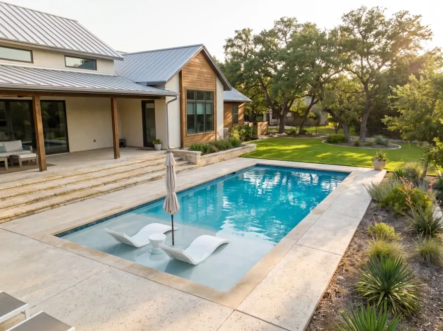 custom pool construction services in Austin, TX. 14x30 swimming pool with tanning ledge and lounge chairs.