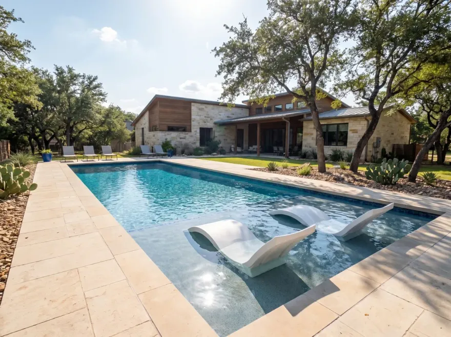 custom pool construction services in Austin, TX. 15x32 swimming pool with tanning ledge and lounge chairs.