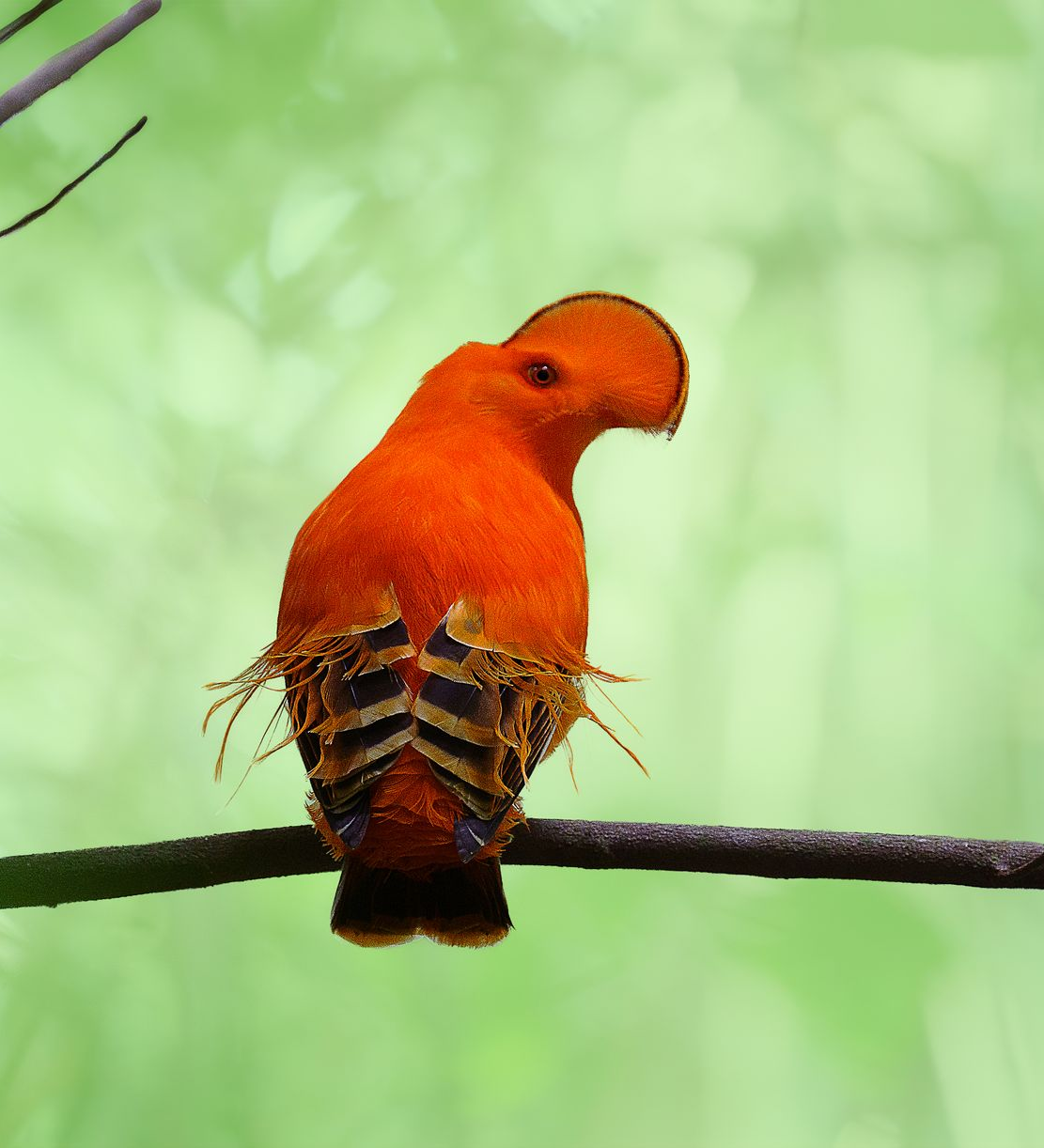 Bright orange bird perched on a branch against a soft green background