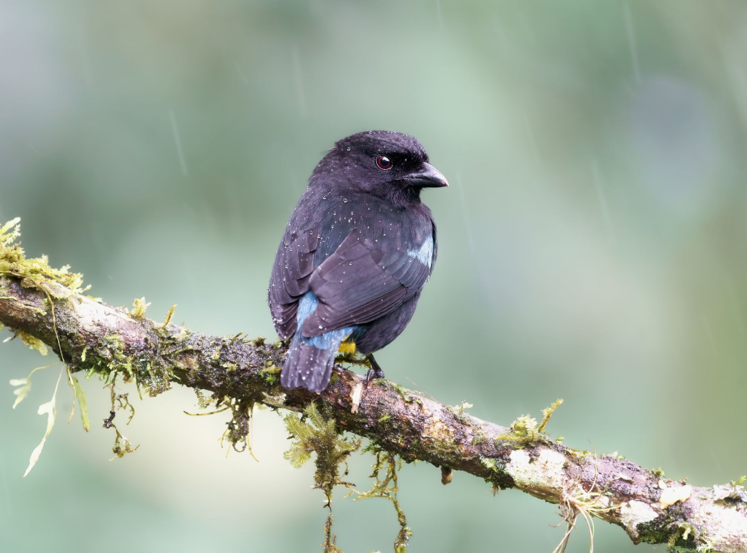 Small dark bird perched on a mossy branch against a blurred green background.