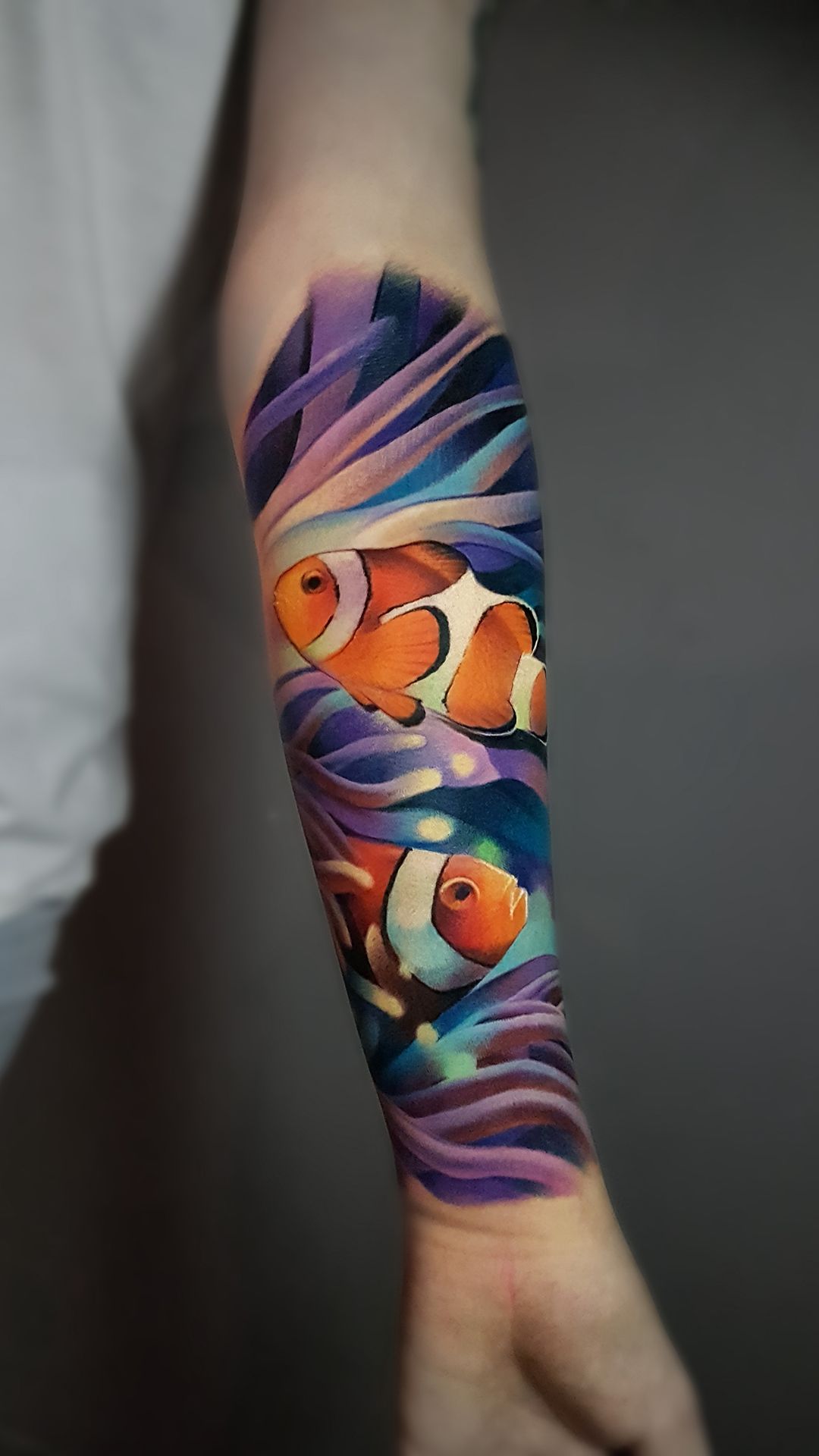 A person has a clown fish tattoo on their forearm.