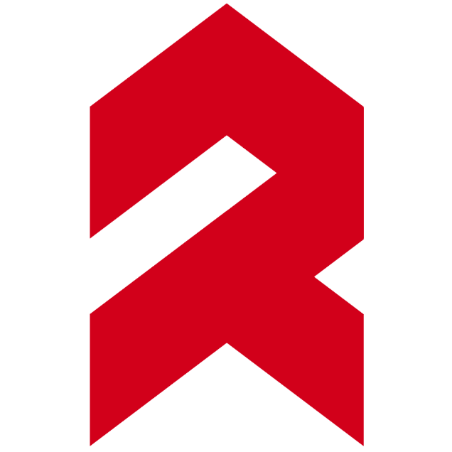 Ruetz logo mark - red geometric logo shaped like a stylized letter R and screw