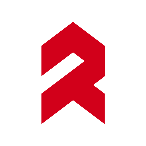 Ruetz logo mark - red geometric logo shaped like a stylized letter R and screw