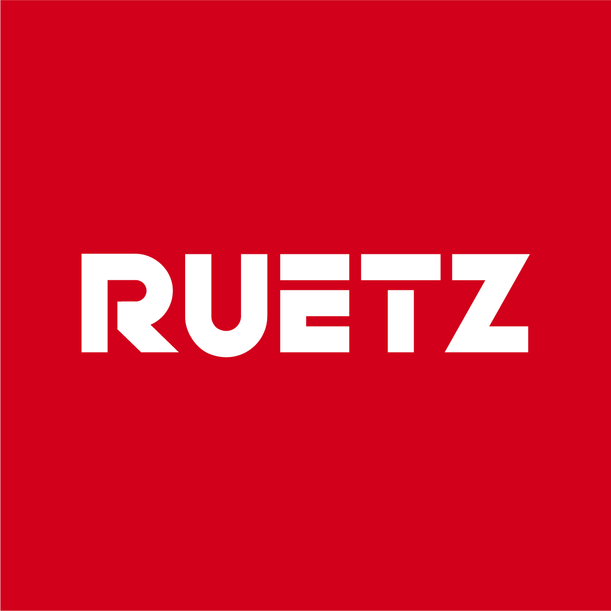 RUETZ logo in white on a red background