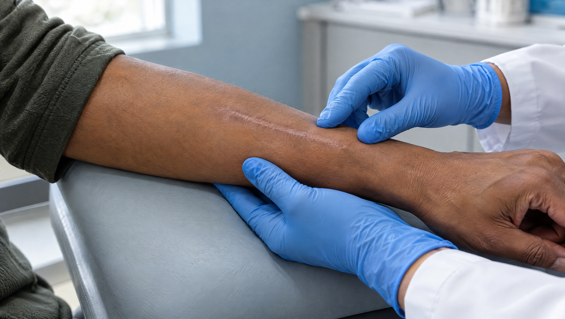 Gloved medical worker examining a patient's arm in a clinic setting