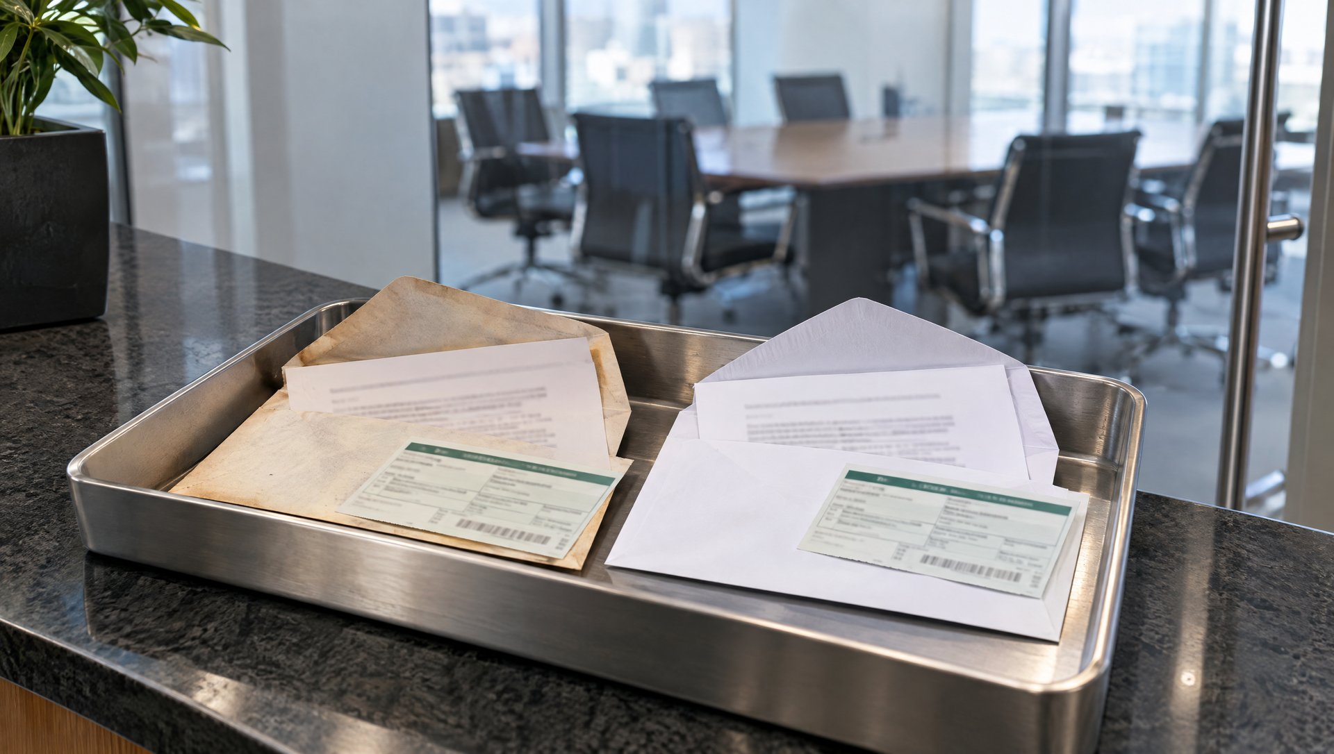 Two metal trays holding stacks of papers on a conference table in an office meeting room.