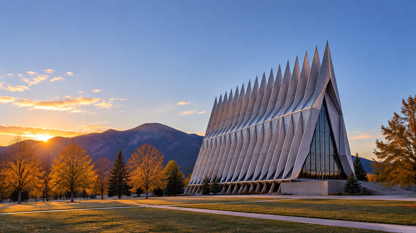 Sunset beside a modern white chapel with mountain backdrop and autumn trees