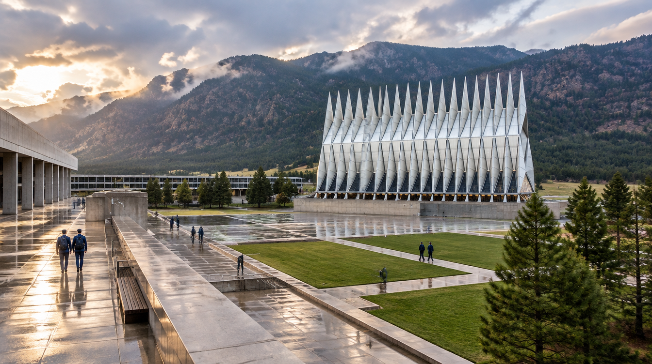 Modern white sculpture in a wet plaza with mountains and sunset behind it
