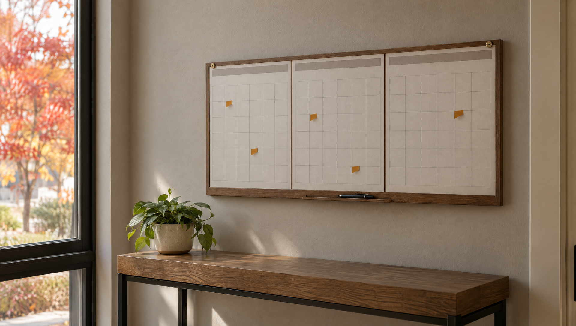 Bulletin board above a wooden bench by a window, with a potted plant and autumn trees outside