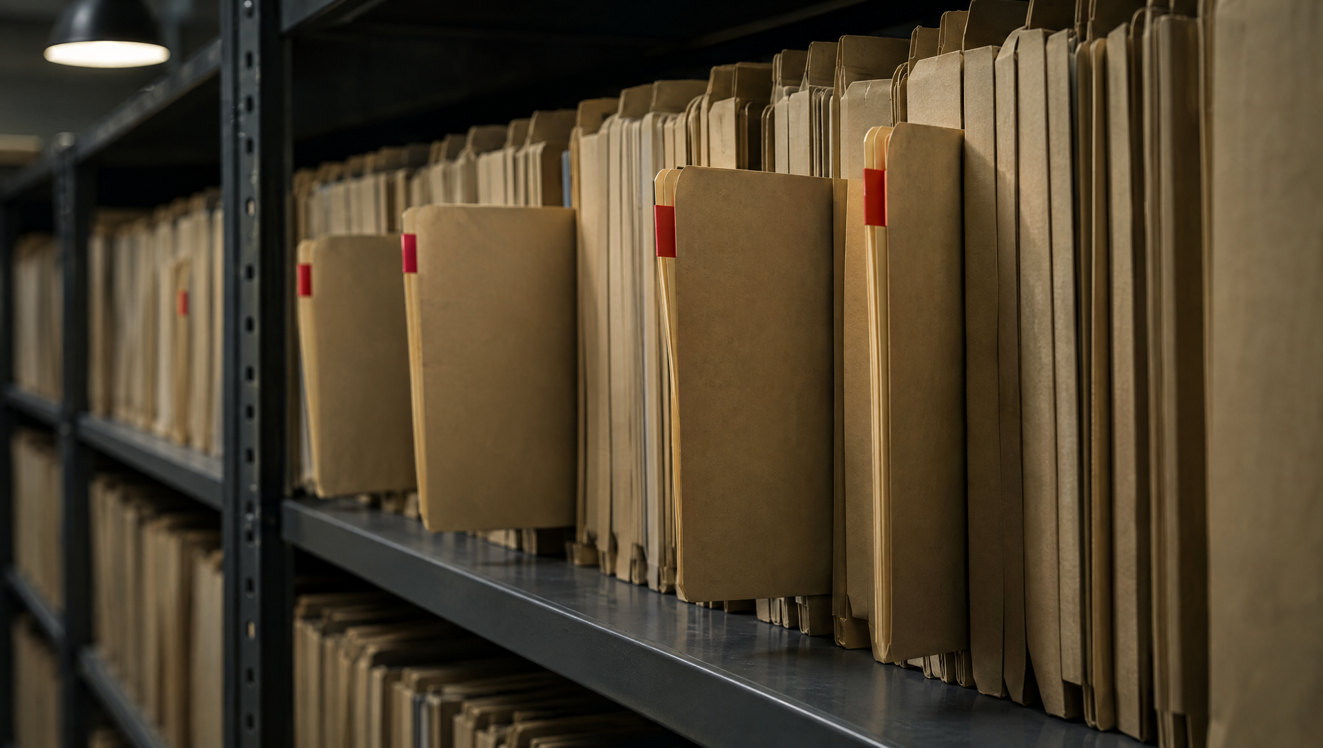 Brown file folders on metal shelves in an archive or storage room