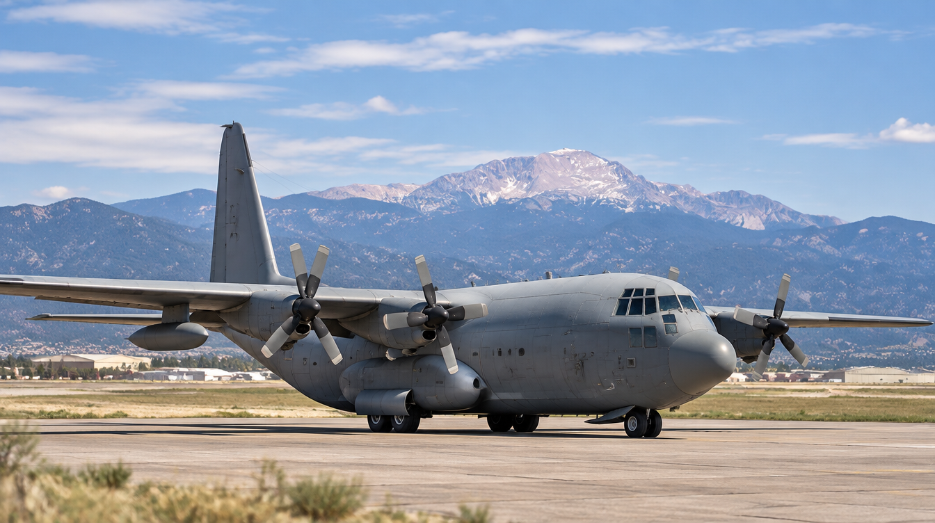 Gray military cargo plane parked on a runway with mountains in the background