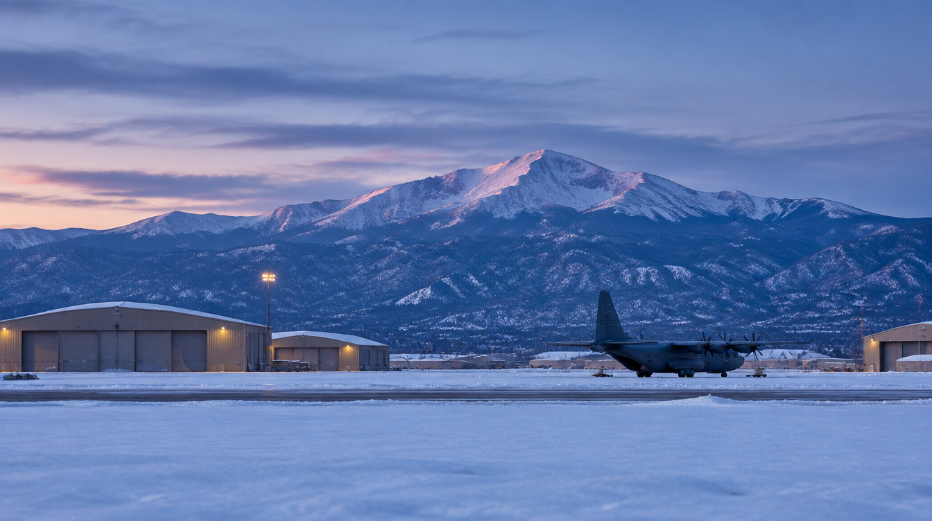Snowy airfield at dusk with a small plane, mountains in the background, and hangars lit in warm light.