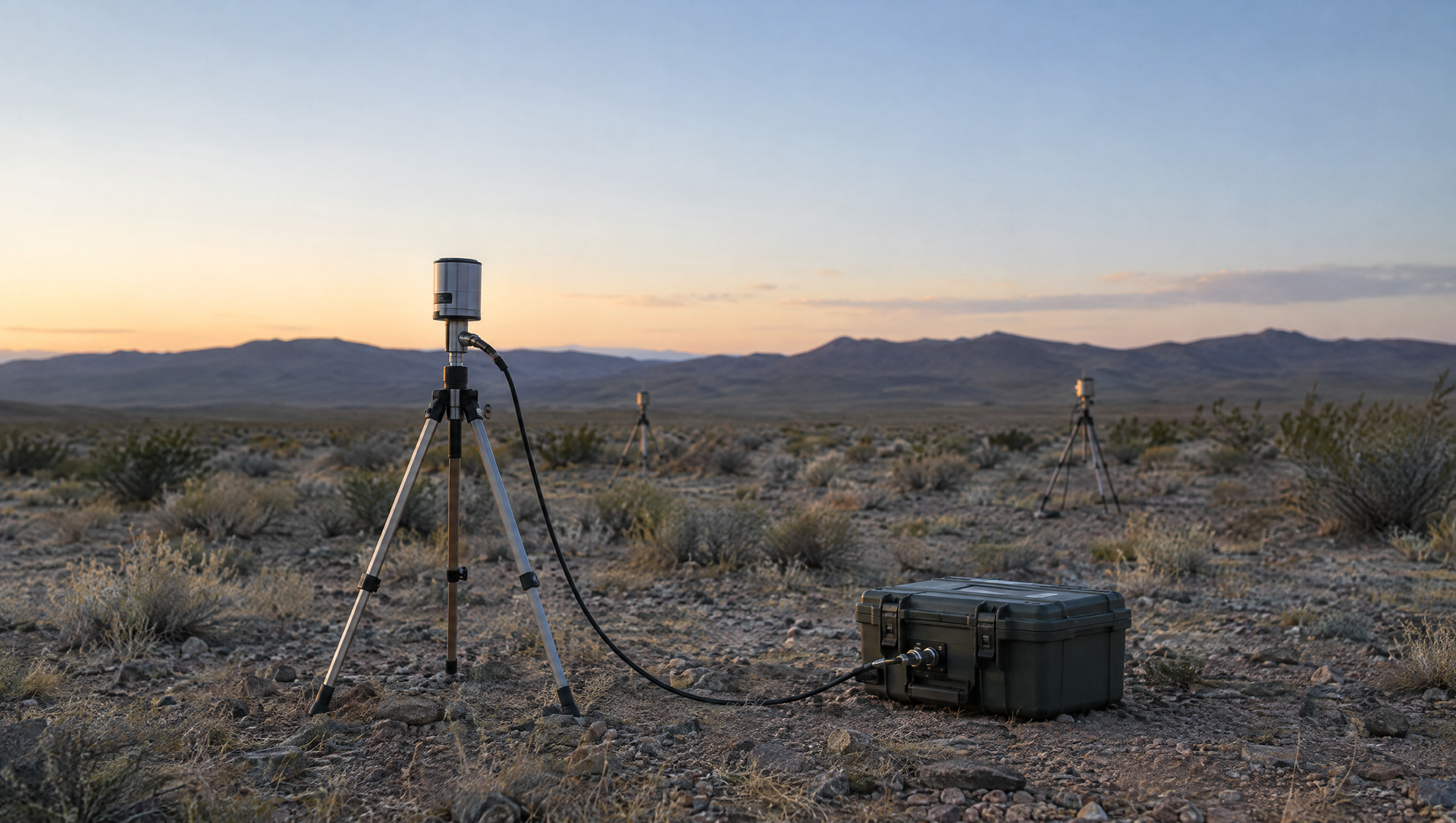 Tripod-mounted sensor in a desert at sunset, with a hard case beside it and mountains in the distance.