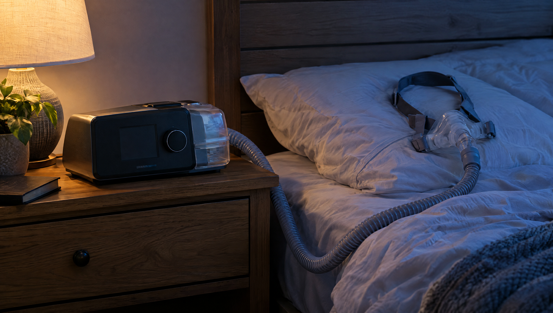 Bedside lamp and radio on a nightstand beside an unmade bed with a silver headphones or mask resting on the pillow