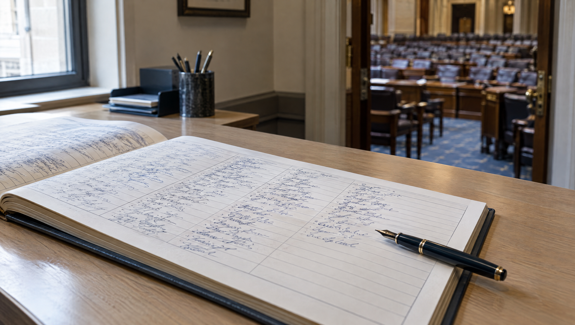 Open notebook and pen on a desk in a quiet room overlooking a dining area