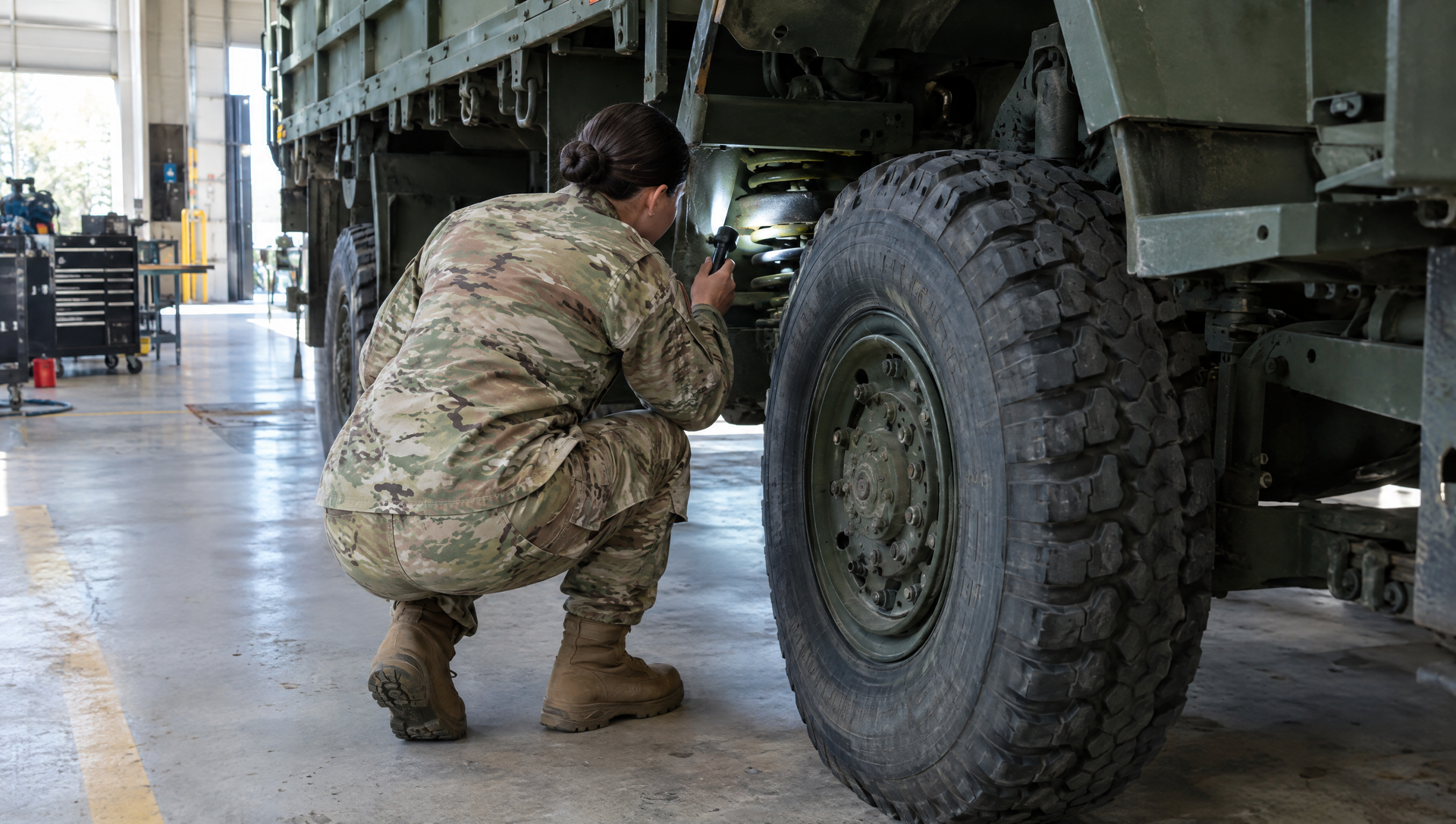 Soldier crouches under a military truck, inspecting the underside in a garage.
