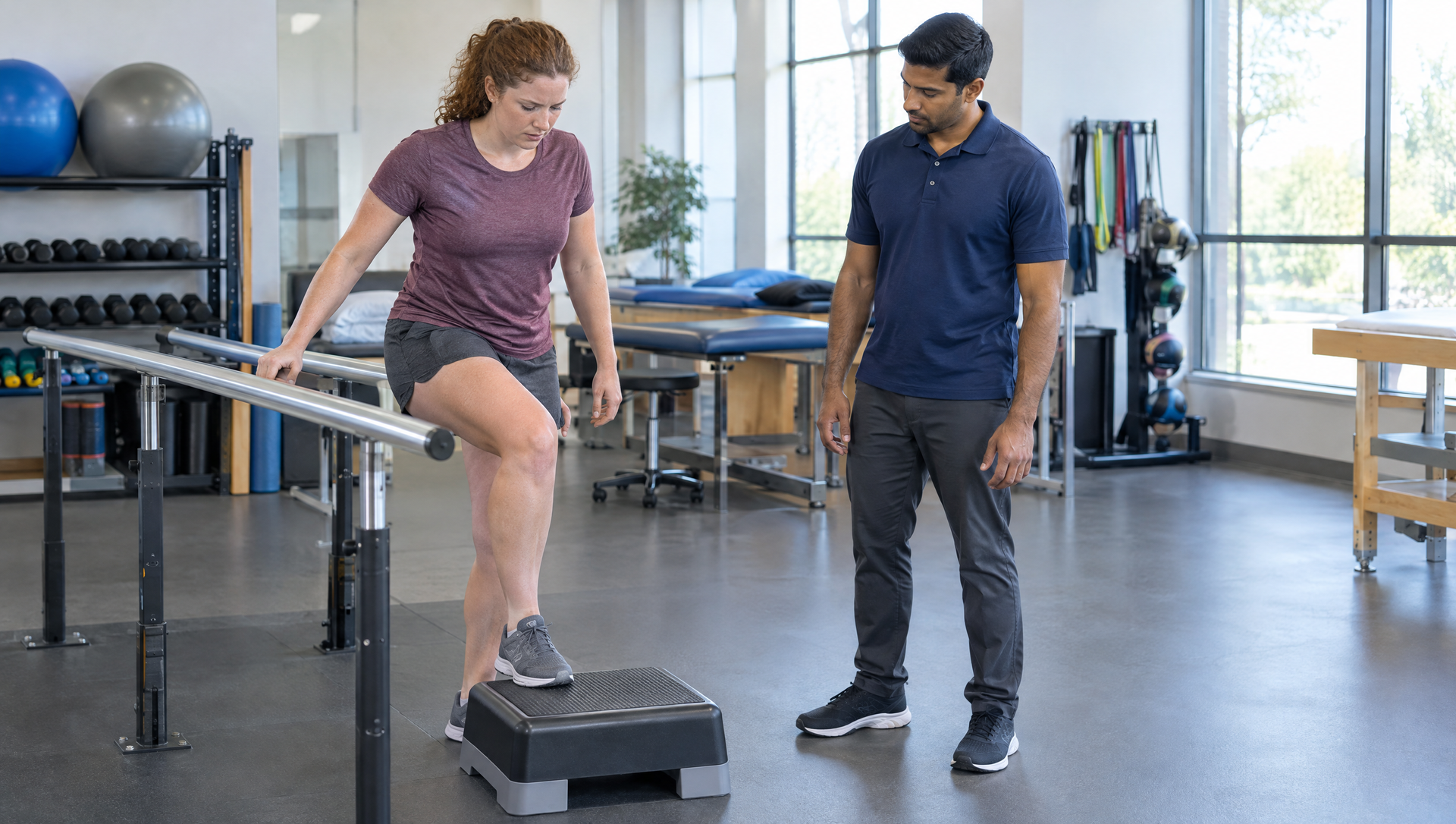 Woman practicing step exercise with a trainer in a gym studio