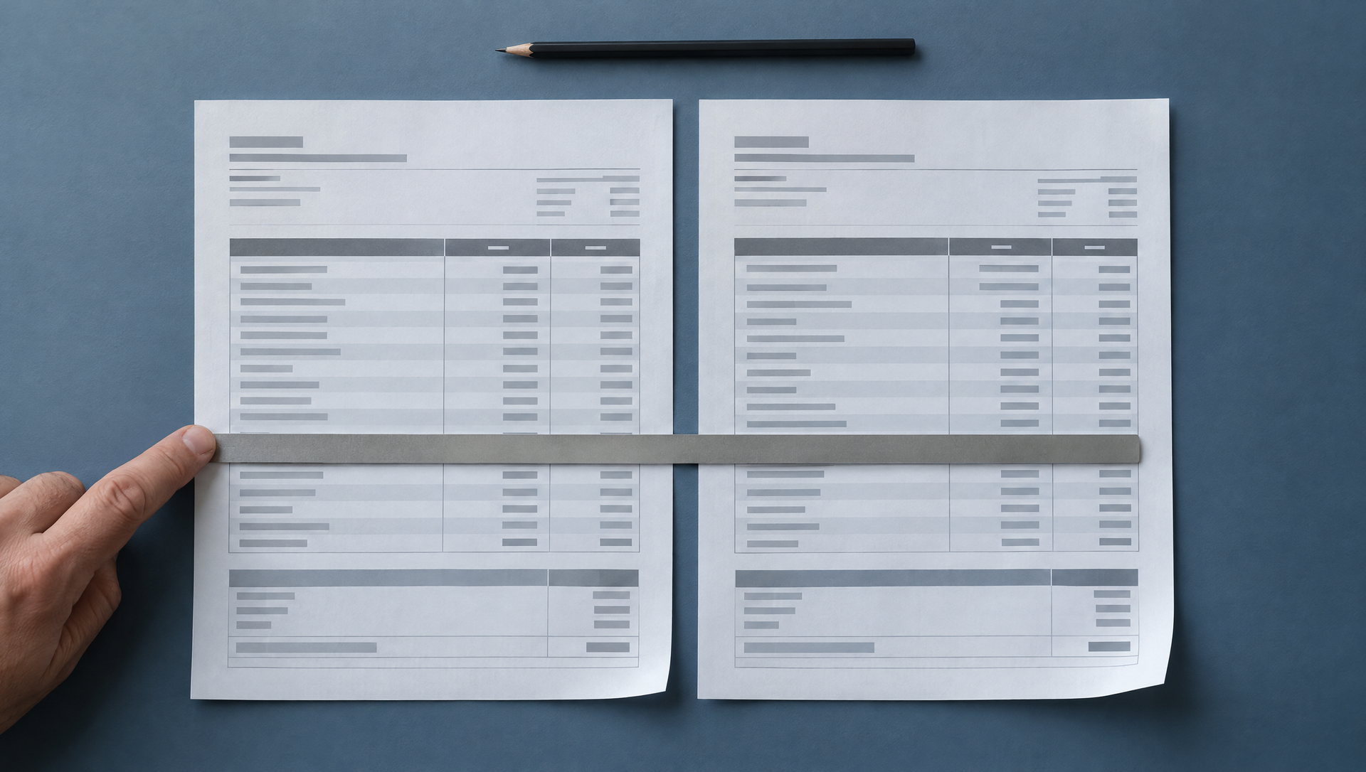 Hands holding two tax forms on a blue desk with a pen above them.