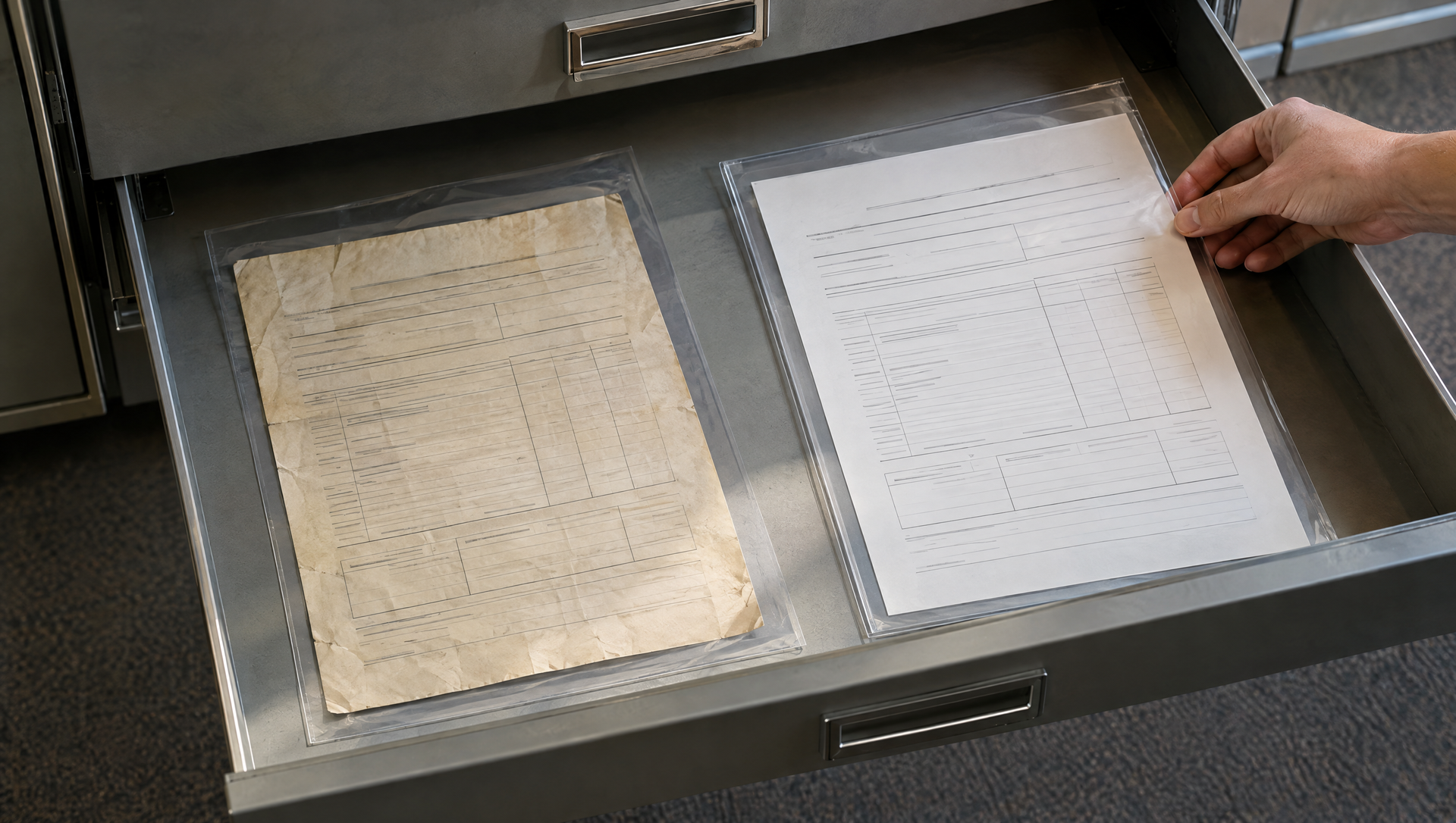 Open drawer with two papers: a worn beige sheet and a white punched form, with a hand holding the right edge.