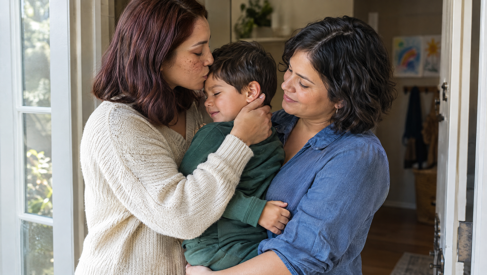Woman kissing child on the forehead while another woman holds him in a doorway.