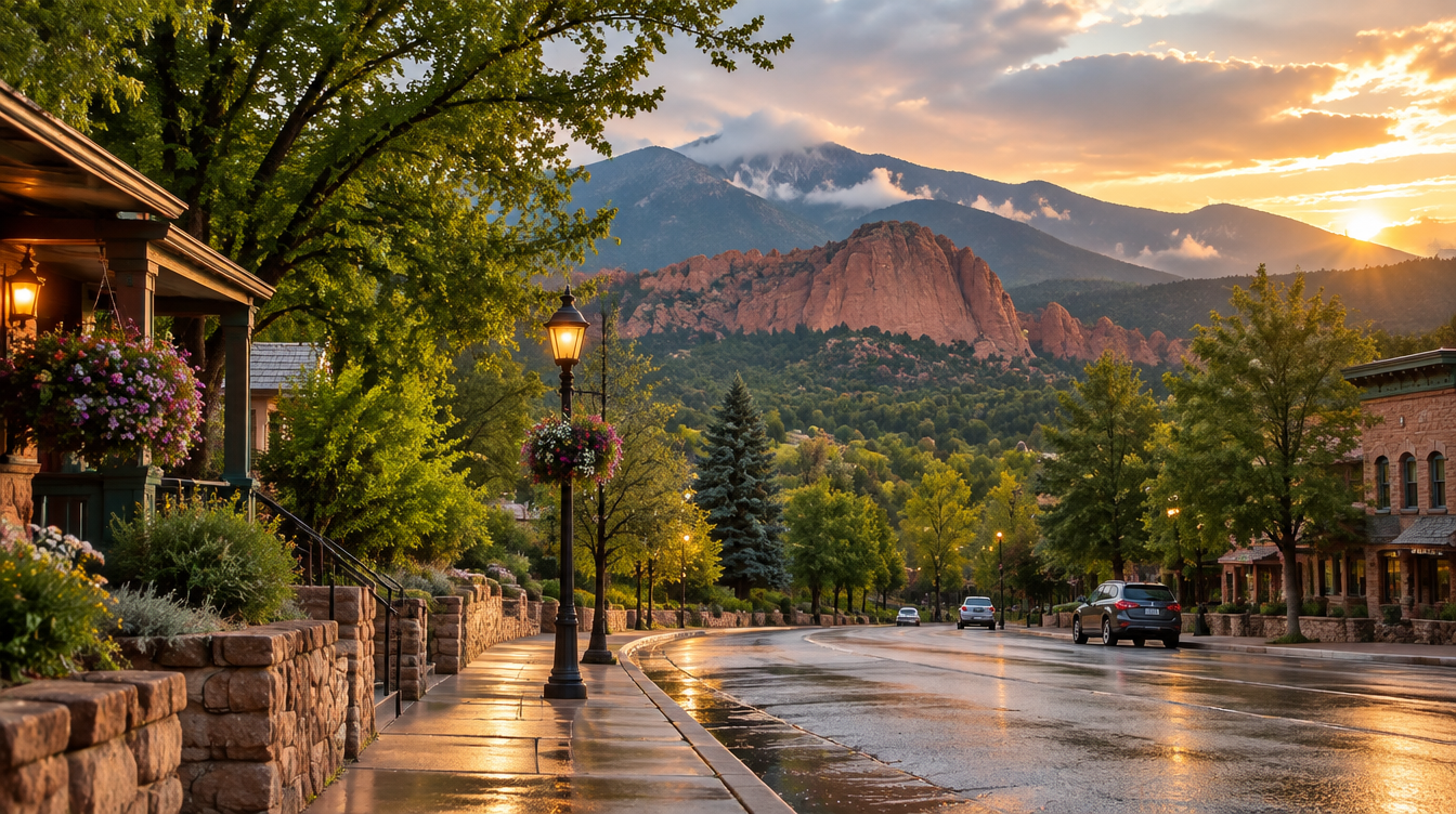 Rainy street at sunset with mountain backdrop, trees, glowing lamps, and wet pavement reflecting the sky