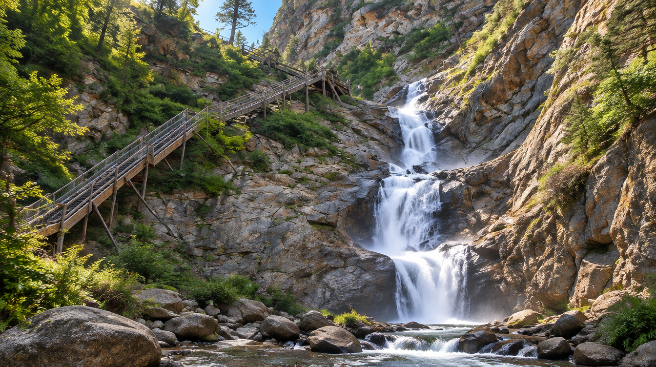 Rocky waterfall in a canyon with a wooden footbridge and green moss-covered cliffs