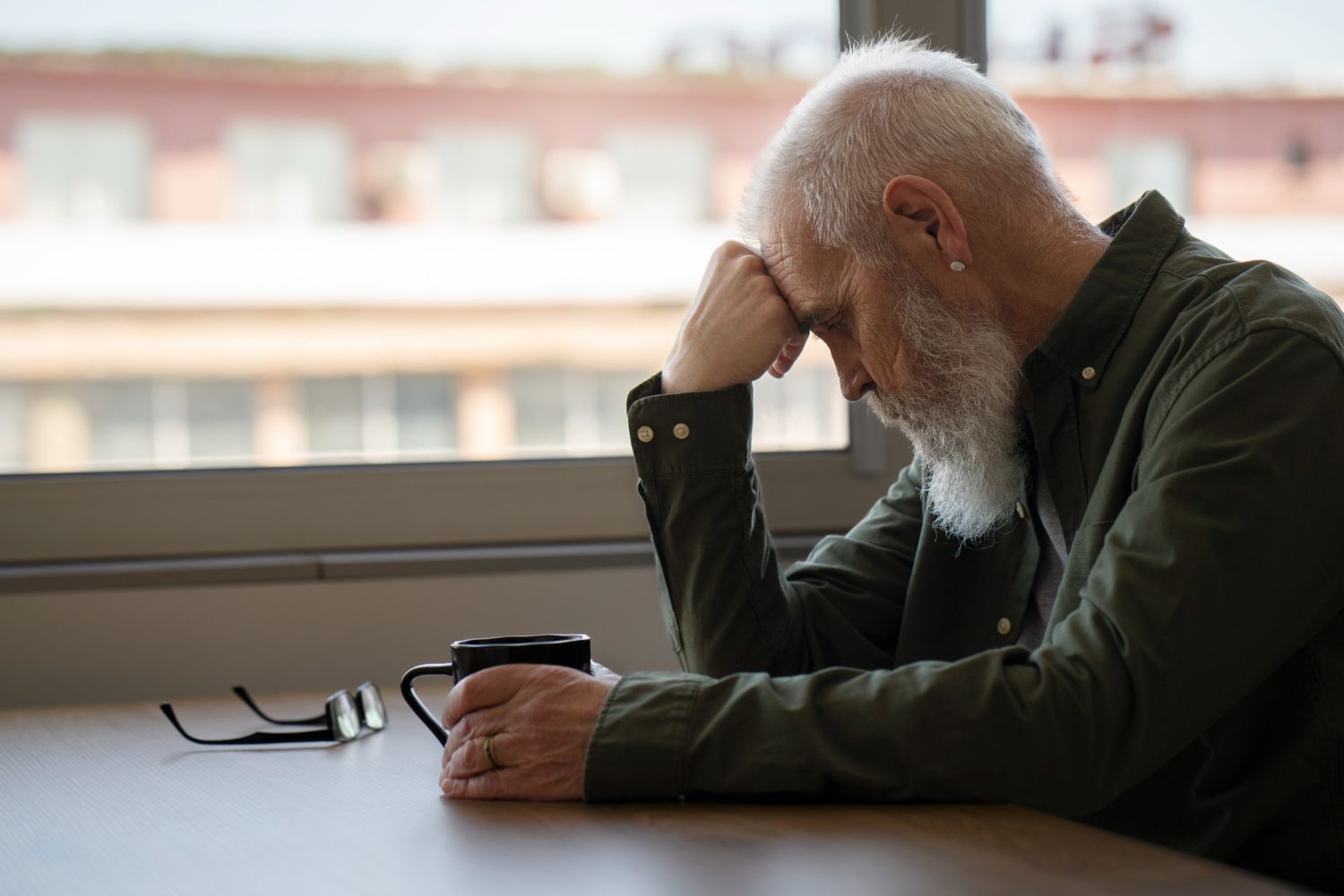A man sits at a table, holding his forehead in thought beside eyeglasses and a coffee mug near a window.