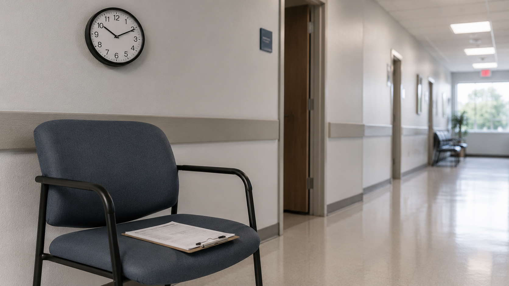 Empty hospital hallway with a blue chair and wall clock on the left