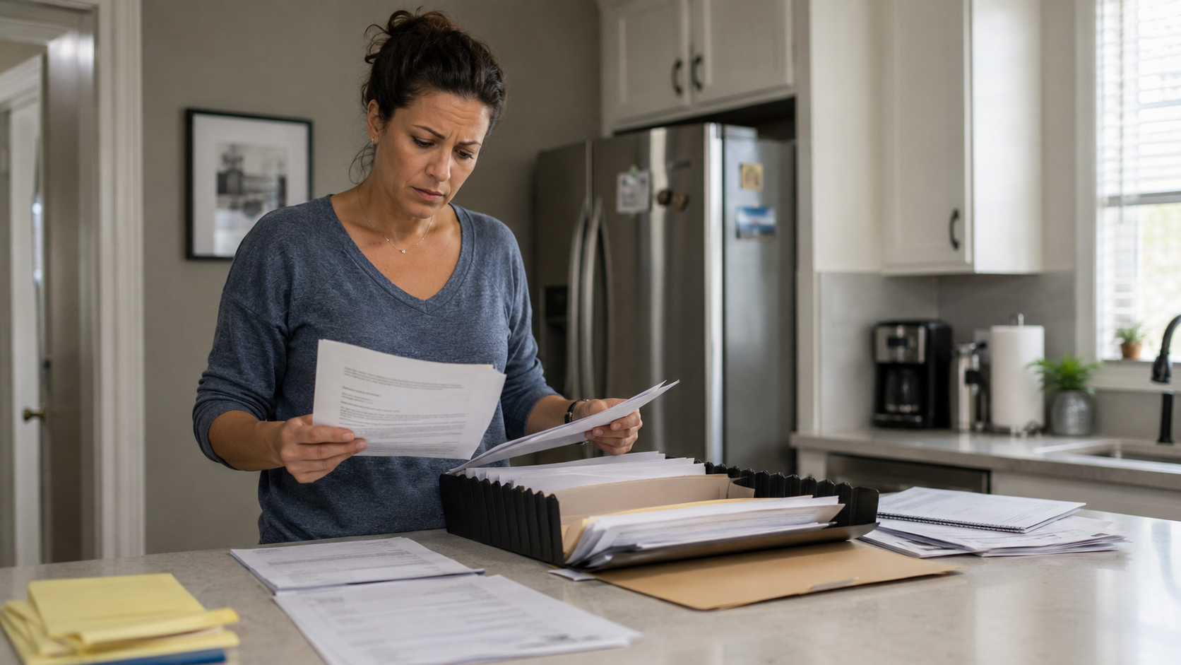 Person sorting papers at a kitchen island with a binder and laptop, reading documents in a bright kitchen.