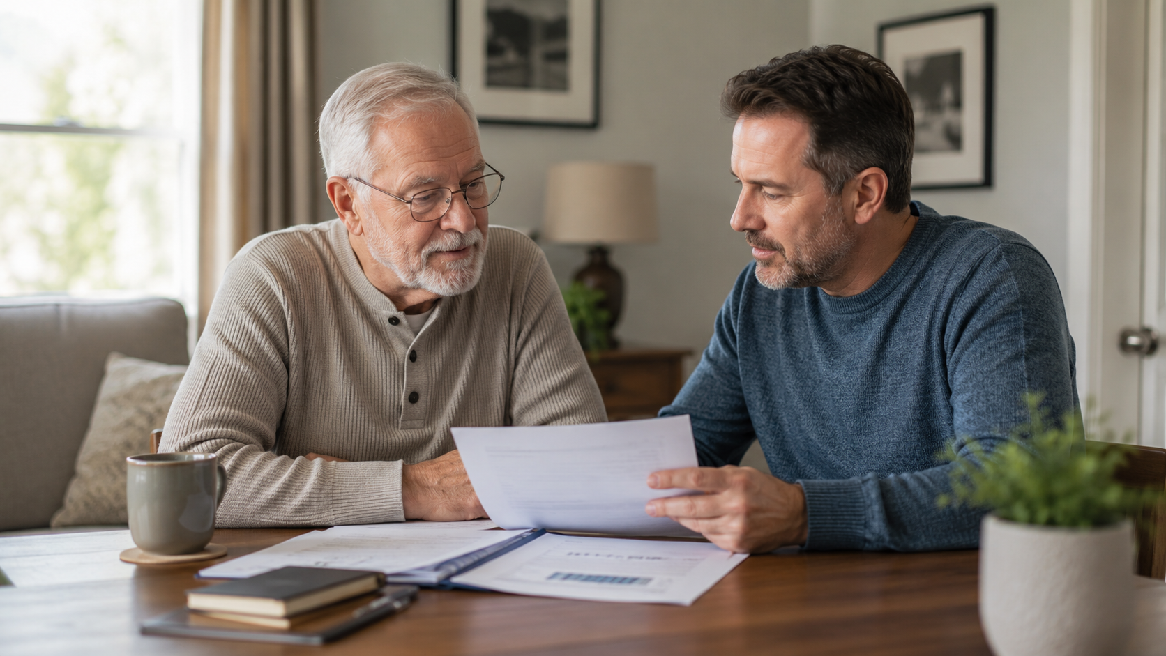 Two men review papers at a table in a bright living room with a laptop, mugs, and a plant.