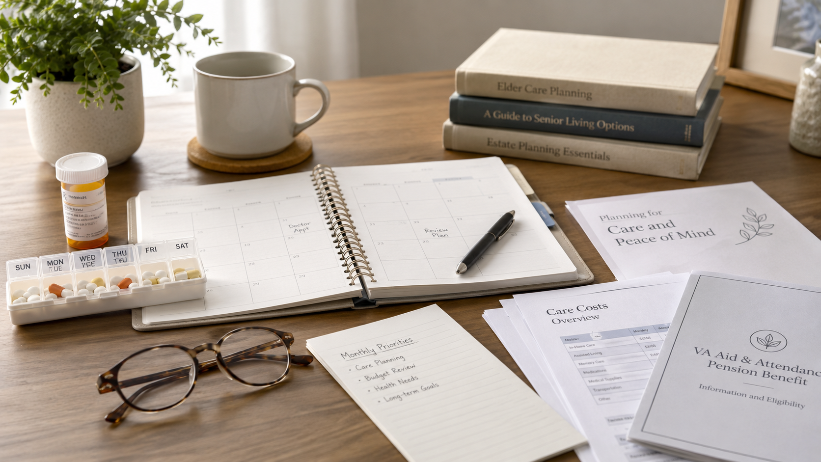 Desk with open notebook, glasses, pill organizer, books, mug, and scattered papers in a tidy workspace.