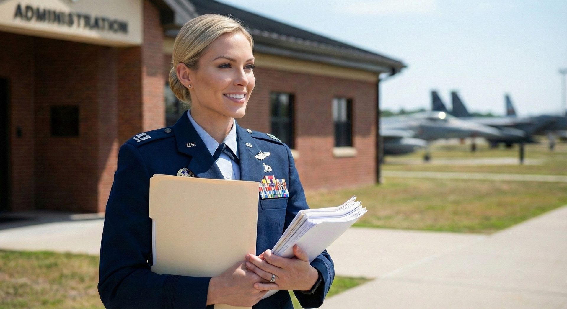 Air Force officer holding a clipboard and papers outside an administration building with aircraft in the background