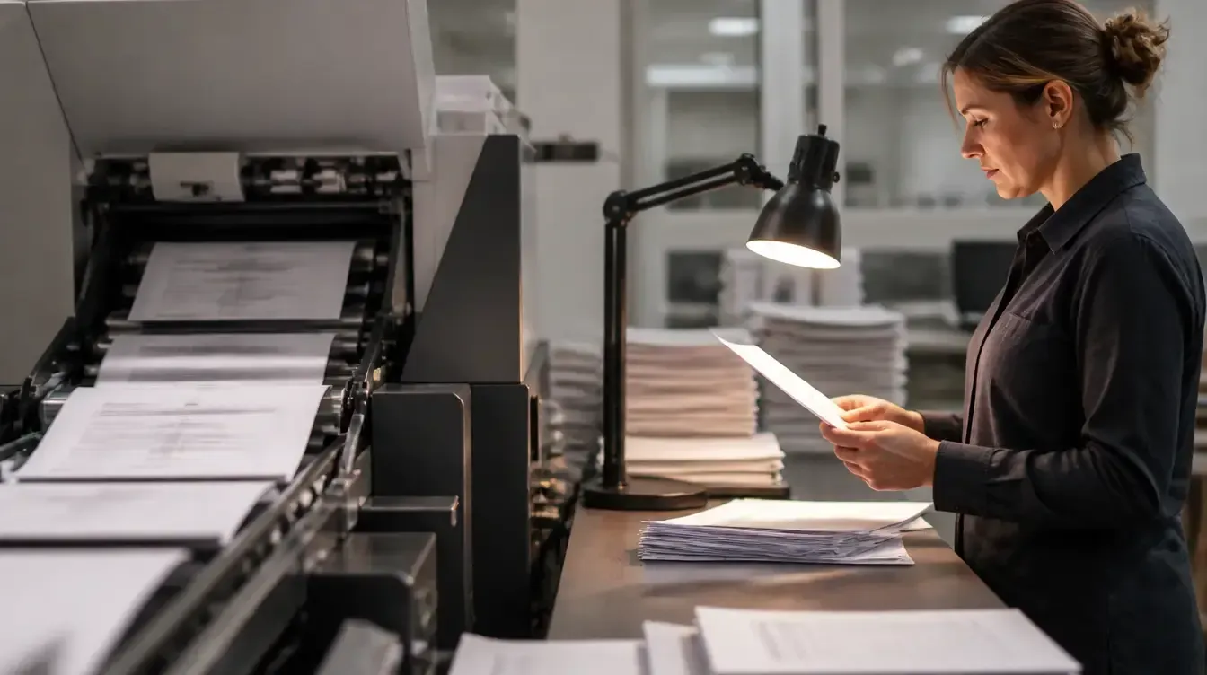 Worker reviewing papers beside a printing press in a dim office workspace