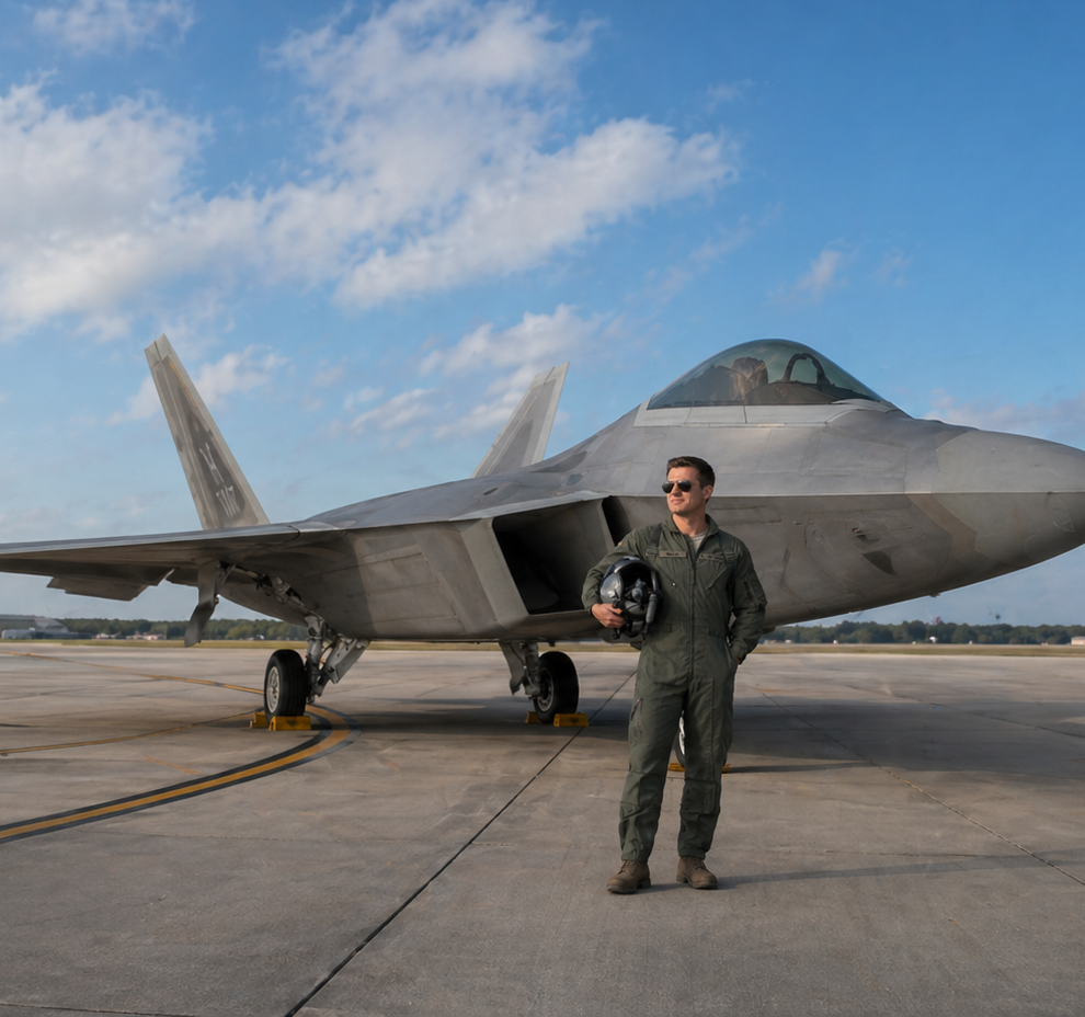 Pilot standing beside a gray stealth fighter jet on a runway under a cloudy sky