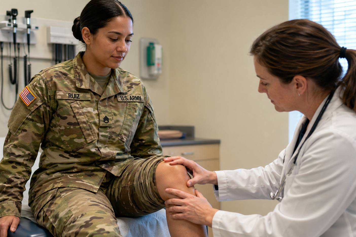 Military patient receiving knee exam from clinician in a medical room