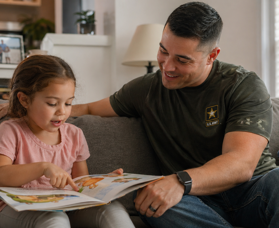 Adult and child reading a book together on a couch in a cozy living room
